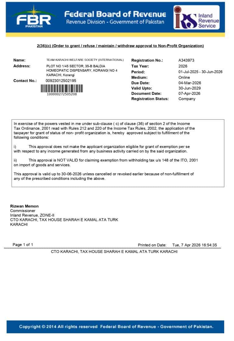 FBR Order 36 C - Team Karachi Welfare Society