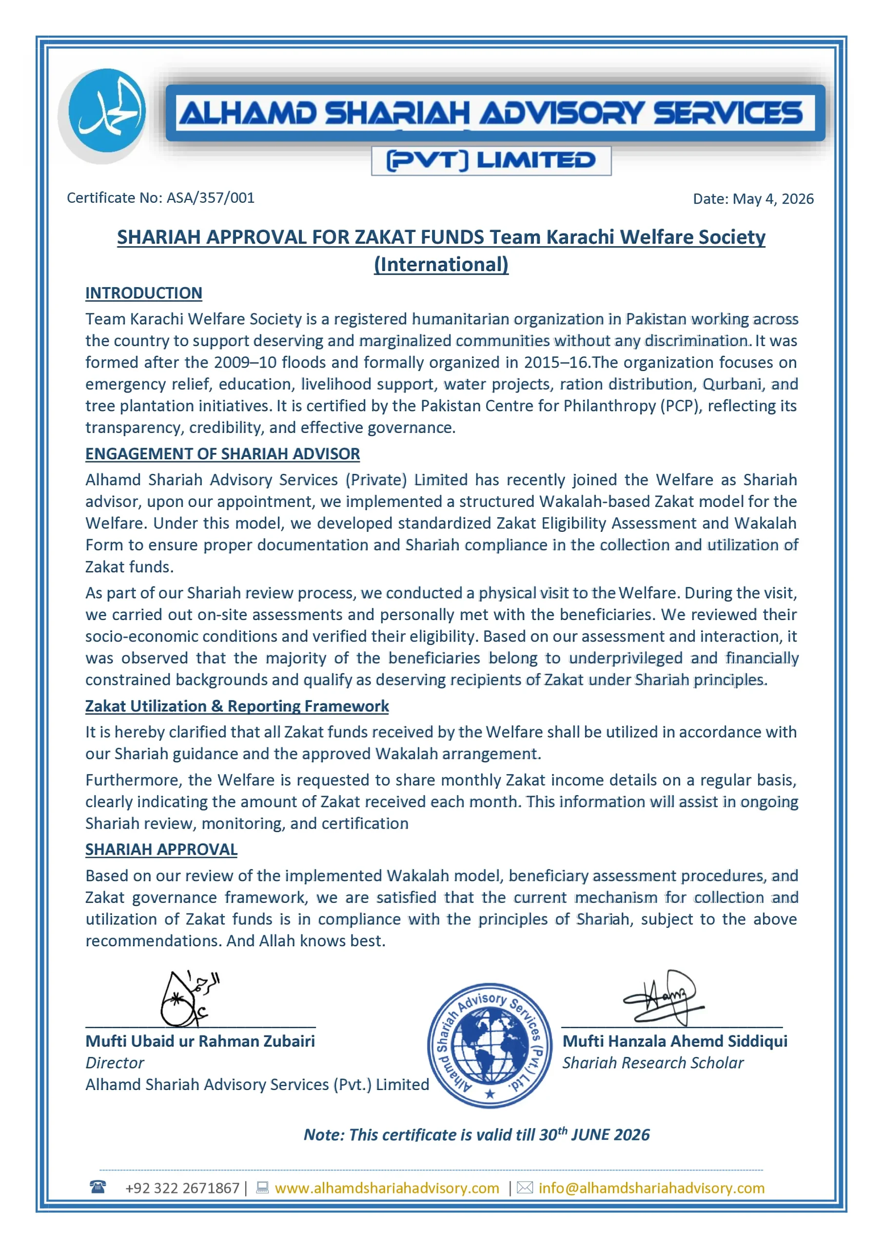 Shariah Certificate for Team Karachi